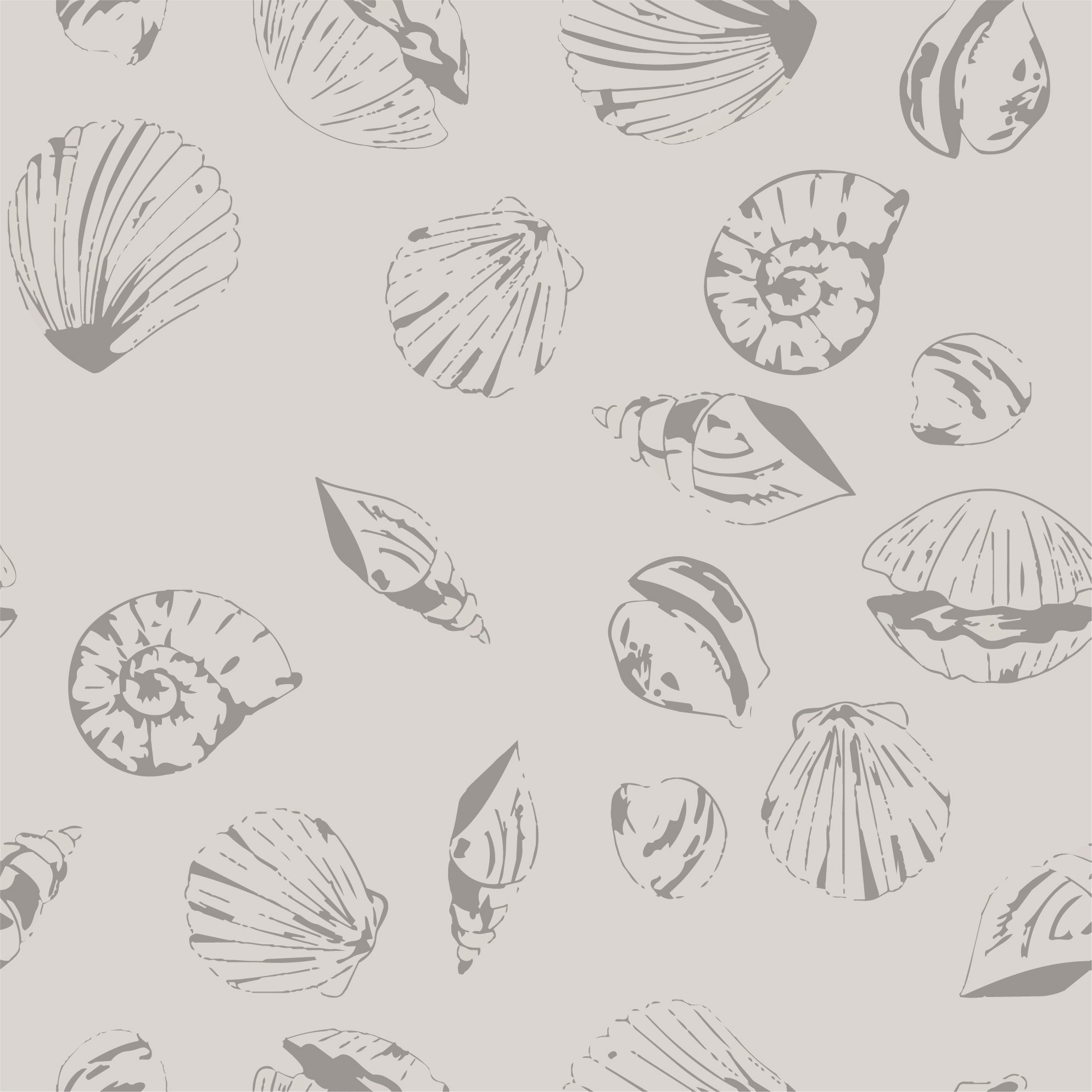 Pattern of various seashell illustrations in gray on a light background.