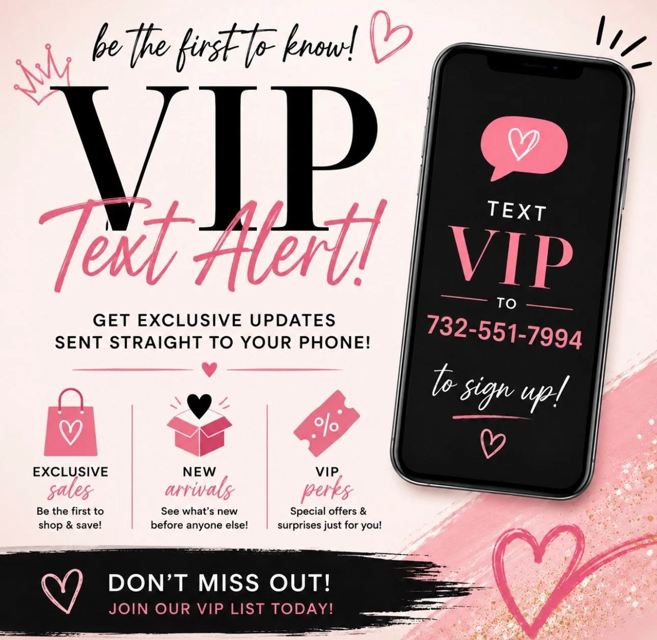 ✨📱 BE THE FIRST TO KNOW! 💕

Want early access to sales, new product launches, restocks, surprise deals, and VIP-only perks? 👀✨
Join our Crafty Couture Co. VIP Text Alert List and get the inside scoop sent straight to your phone! 💌📲

💖 Exclusive