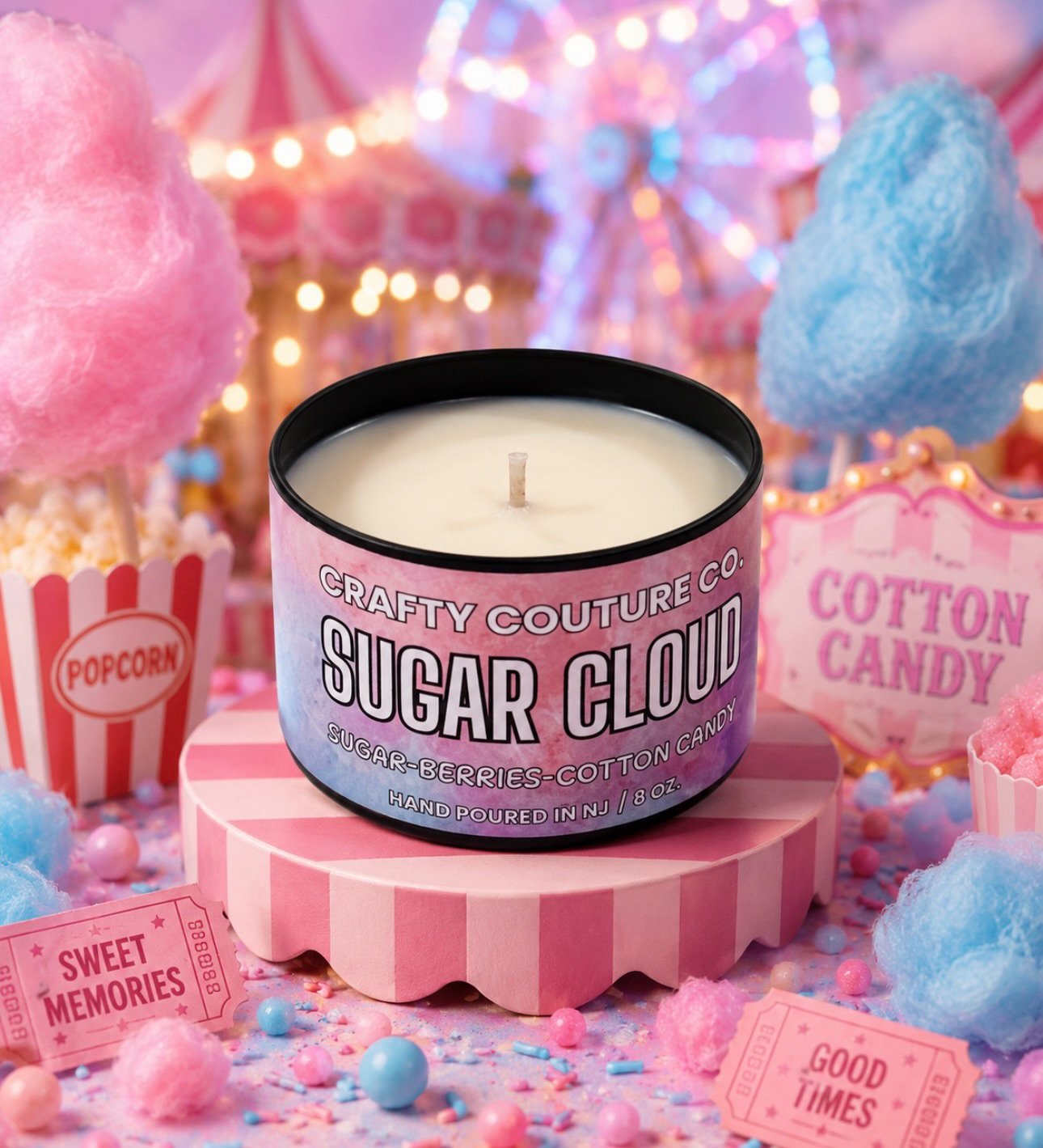 Step into the sweetest daydream with Sugar Cloud &mdash; a dreamy cotton candy scented candle that smells like carnival memories, spun sugar, and pure happiness 💕🎡

✨ Hand-poured with 100% soy wax for a clean, cozy burn
✨ Sweet cotton candy goodnes