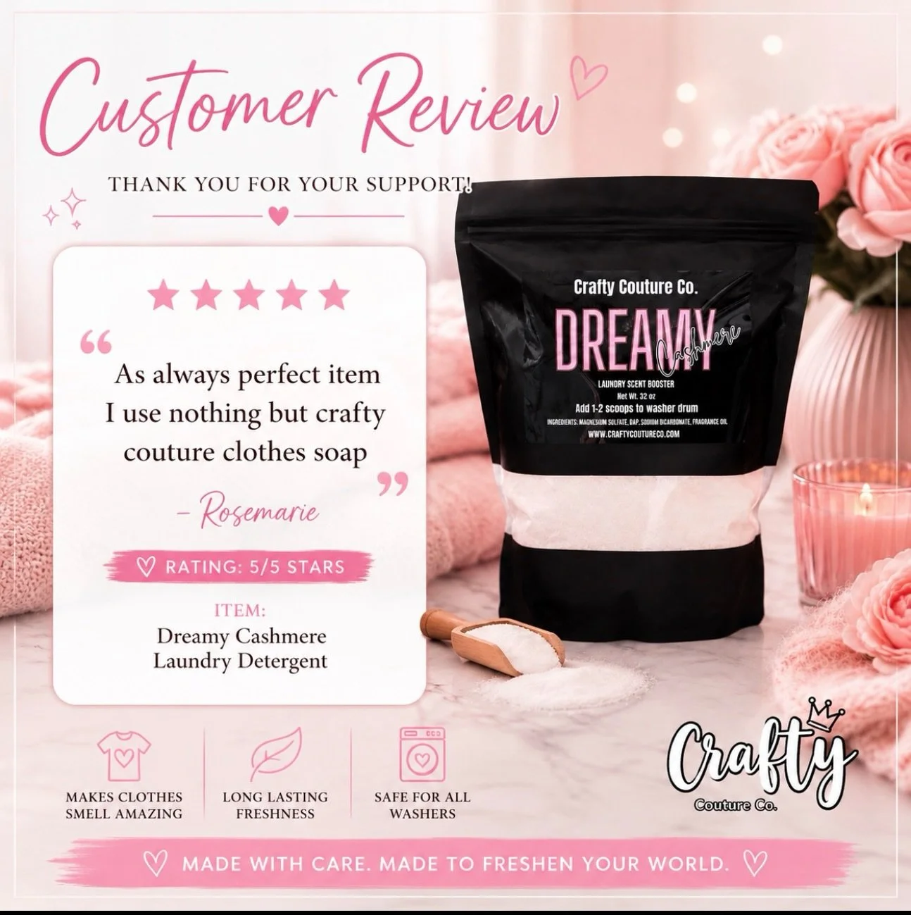 ✨ CUSTOMER LOVE ✨

Nothing makes us happier than hearing from happy customers! 💕

⭐⭐⭐⭐⭐

&ldquo;As always, perfect item. I use nothing but Crafty Couture clothes soap.&rdquo; &mdash; Rosemarie

Thank you so much for your continued support and kind w