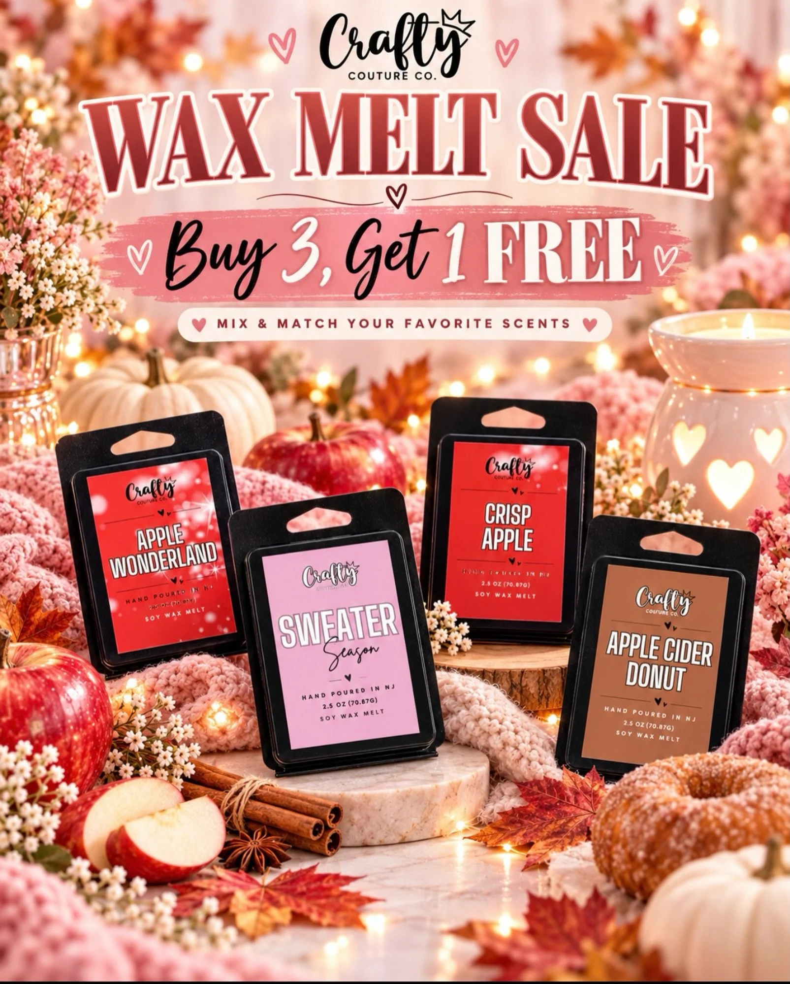 WAX MELT SALE &mdash; OCTOBER 6 &amp; 7 ONLY

Stock up on your favorite scents during our Buy 3, Get 1 FREE Wax Melt Sale!

Mix and match your favorites &mdash; grab 4 and pay for only 3.

Buy 6, get 2 free.
Buy 9, get 3 free.

Sale goes live October
