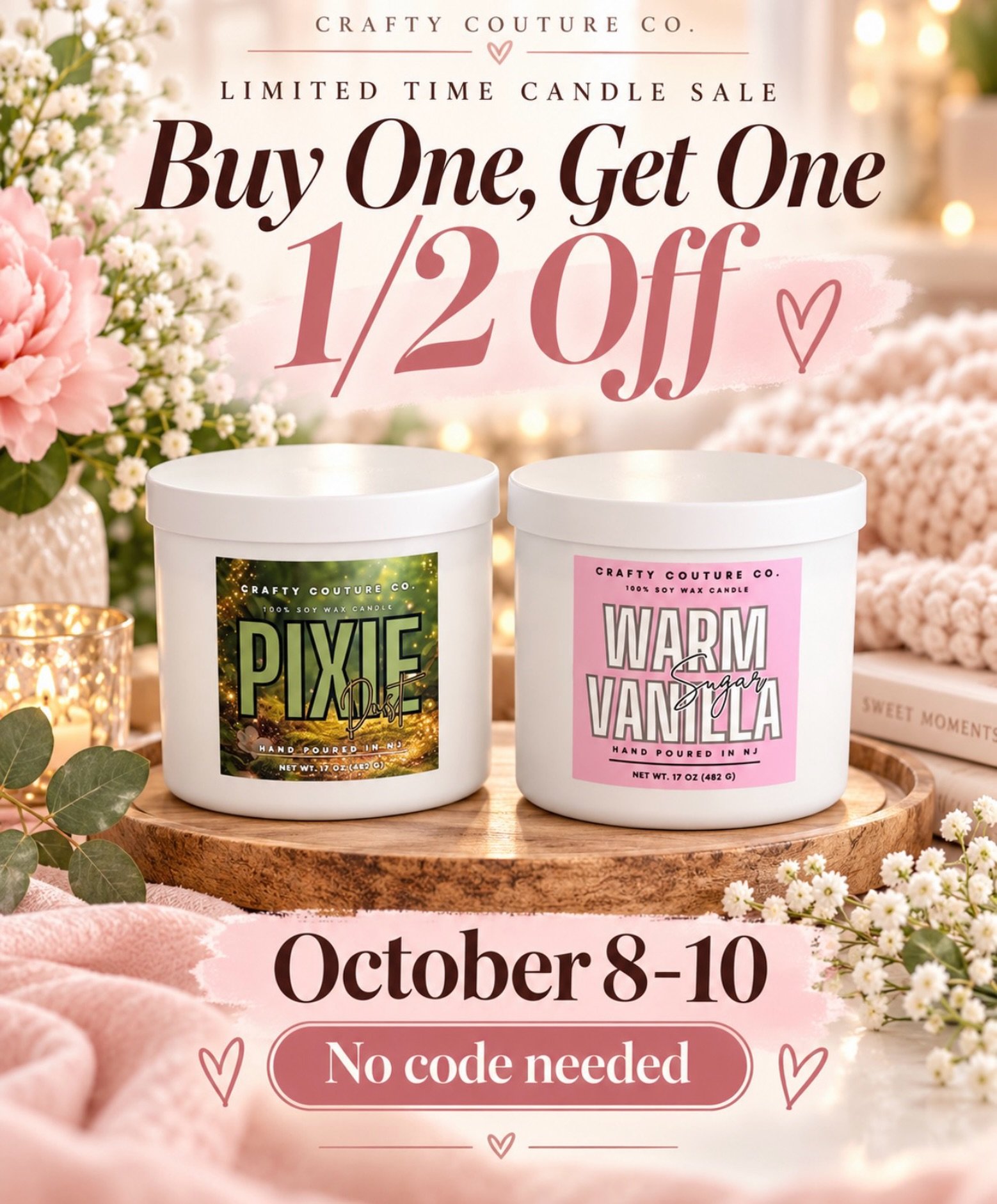 Our 3-Wick Candle Sale Starts TODAY!

It&rsquo;s the perfect time to stock up on your favorite scents or try something new!

From October 8&ndash;10, buy one of our 3-wick soy candles and get your second one 50% OFF!

Whether you love cozy fall fragr