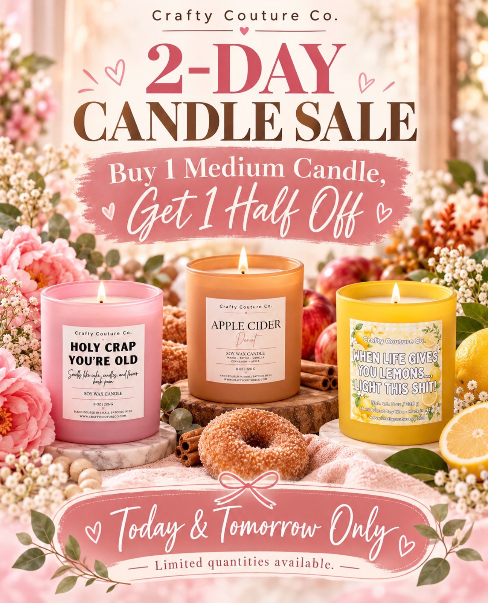 OUR 2-DAY CANDLE SALE STARTS NOW!

There&rsquo;s nothing better than a good candle&hellip; except getting your second one HALF OFF!

For today and tomorrow only, enjoy:

BUY 1 MEDIUM CANDLE, GET 1 50% OFF!

Mix and match your favorite scents! From co