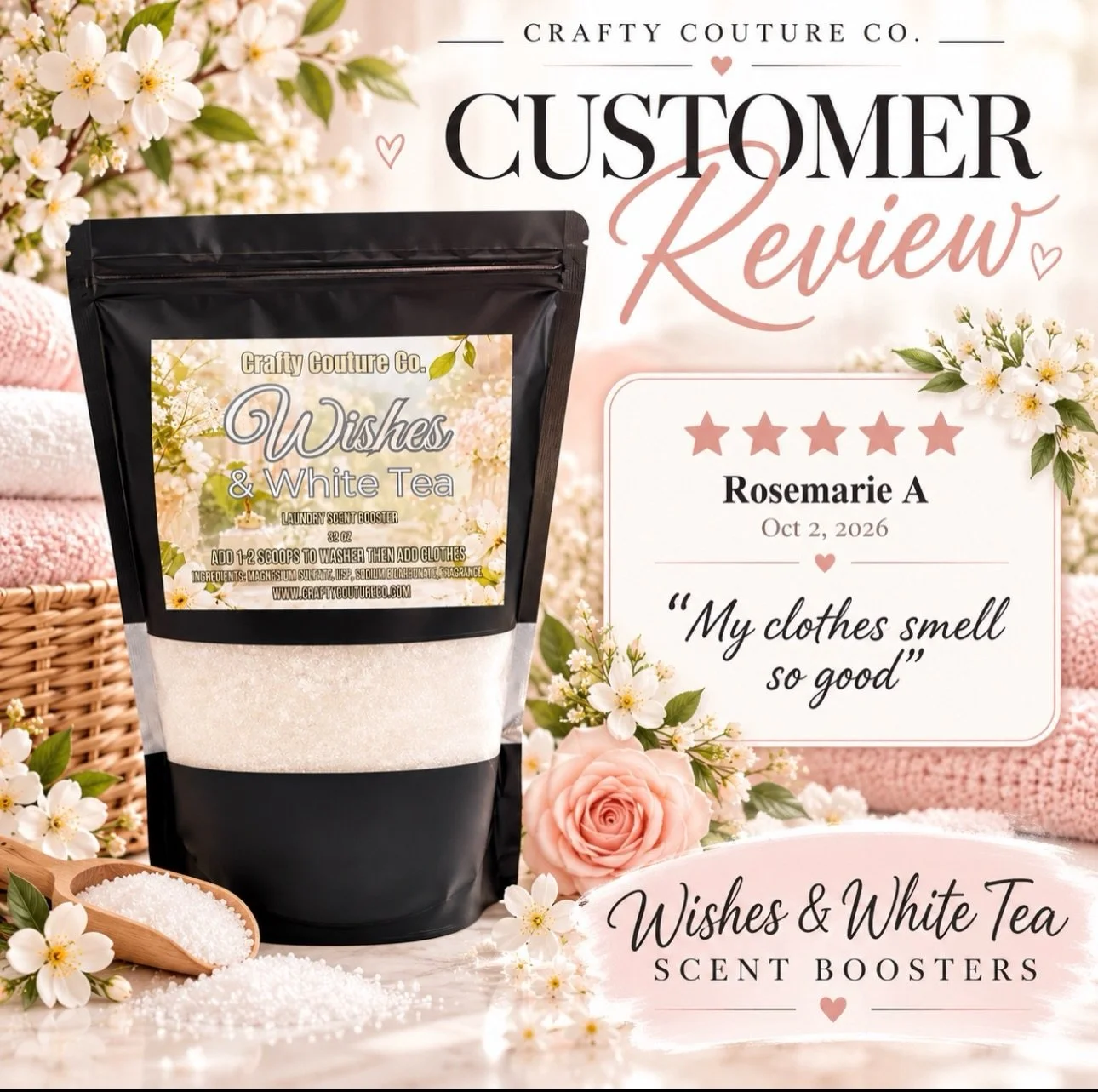 Nothing makes us happier than hearing how much our customers love their products! 💕

A huge thank you to Rosemarie for this sweet 5-star review of our Wishes &amp; White Tea Laundry Scent Boosters!
There&rsquo;s just something about pulling fresh la