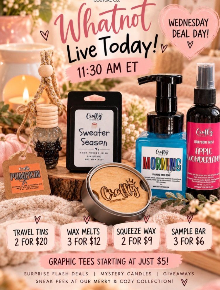 We&rsquo;re going LIVE today at 11:30 AM on Whatnot, and we&rsquo;re switching things up a little!

It&rsquo;s WEDNESDAY DEAL DAY at Crafty Couture Co., and we&rsquo;re bringing you some really good deals!

Here&rsquo;s a little peek at what&rsquo;s 