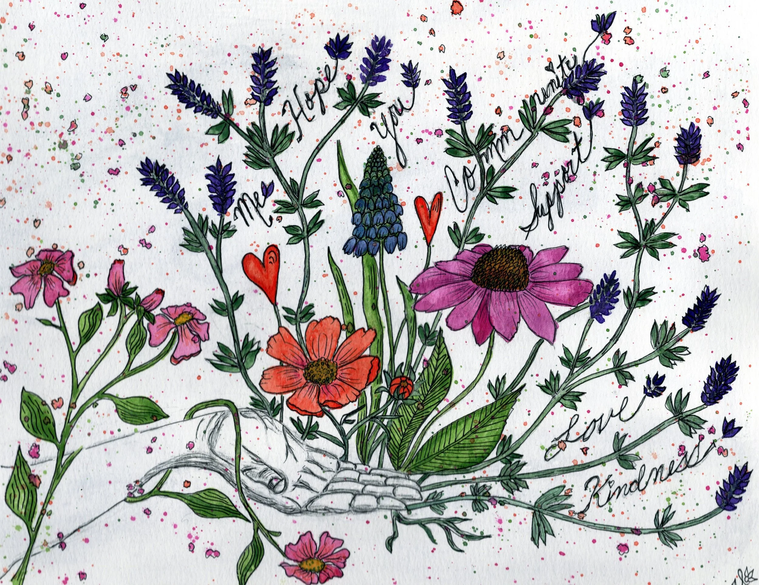 Colorful floral illustration with purple lavender, pink flowers, orange flowers, greenery, and handwritten text that says 'The Happiest Autumn, You Are Loved' and 'Love' with small hearts and multicolored dots.