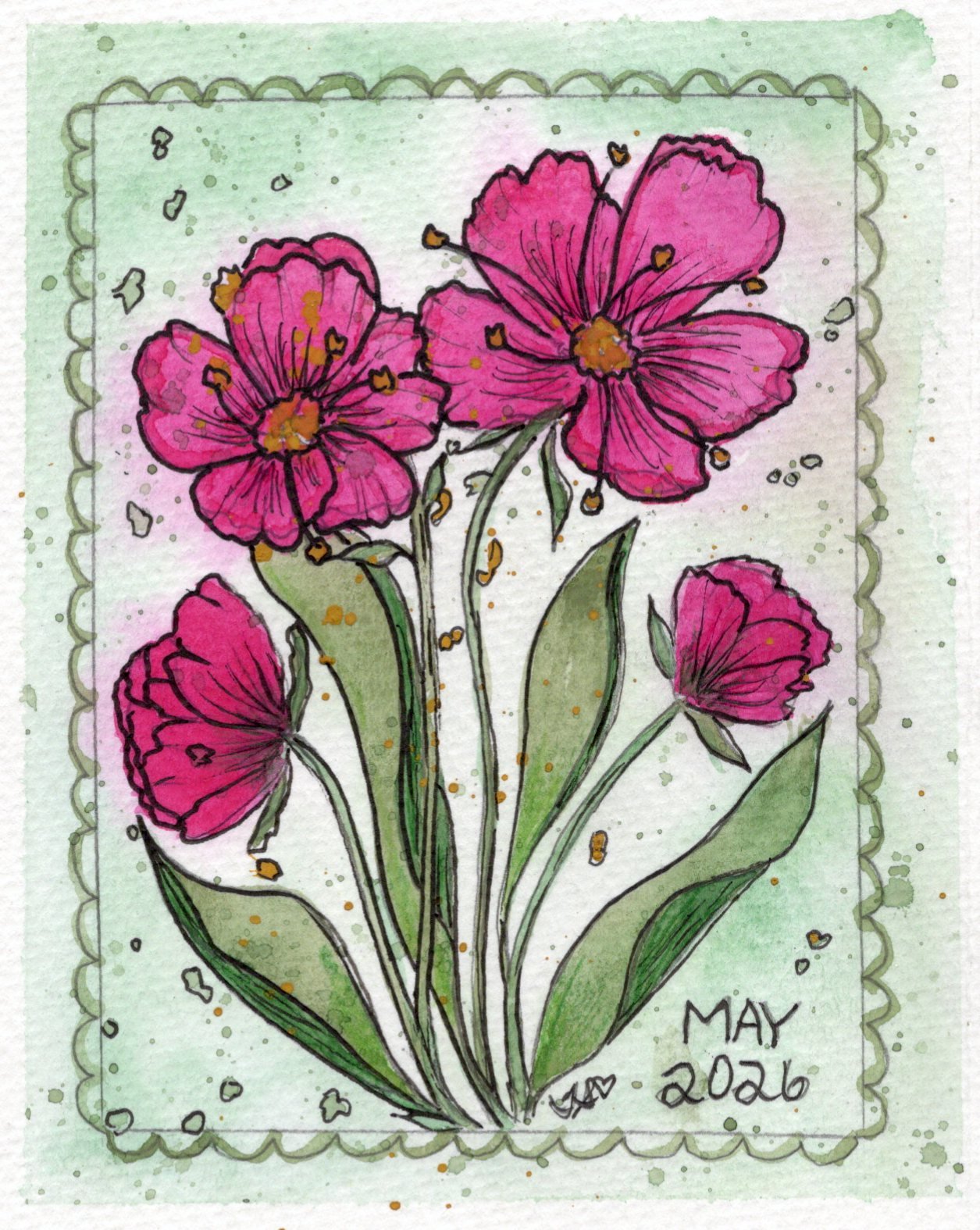 May postcard #2 Watercolor Original Cosmos 4.25x5.5"
