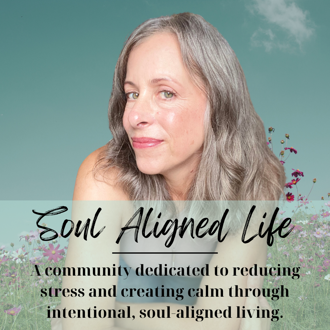A woman with long gray hair and green eyes smiling softly, with a light turquoise background, flowers, and a misty cloud nearby. Text reads 'Soul Aligned Life' and 'A community dedicated to reducing stress and creating calm through intentional, soul-aligned living.'