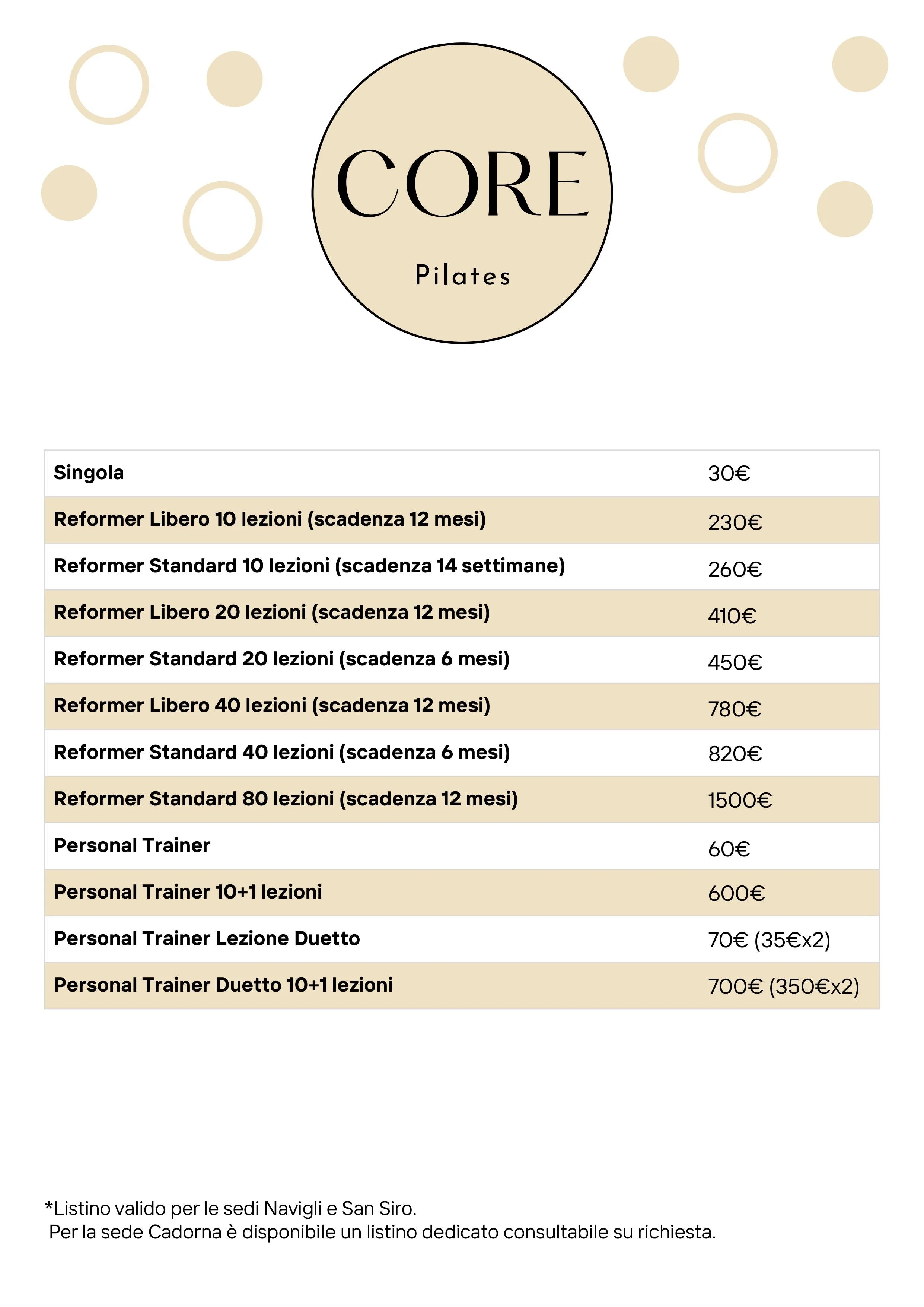 Menu con vari opzioni di lezioni di Pilates e servizi di personal trainer, con prezzi elencati in euro.