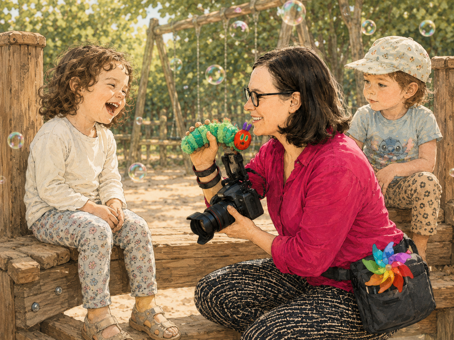 Eine Frau mit einer Kamera fotografiert zwei lachende Kinder auf einer Spielplatz. Bunte Seifenblasen fliegen in der Luft.
