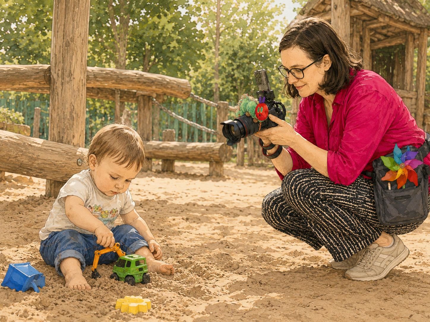 Ein Kleinkind spielt im Sand mit Spielzeug, während eine Frau mit Kamera ihn fotografiert. Die Szene findet in einem Spielplatz im Freien statt.