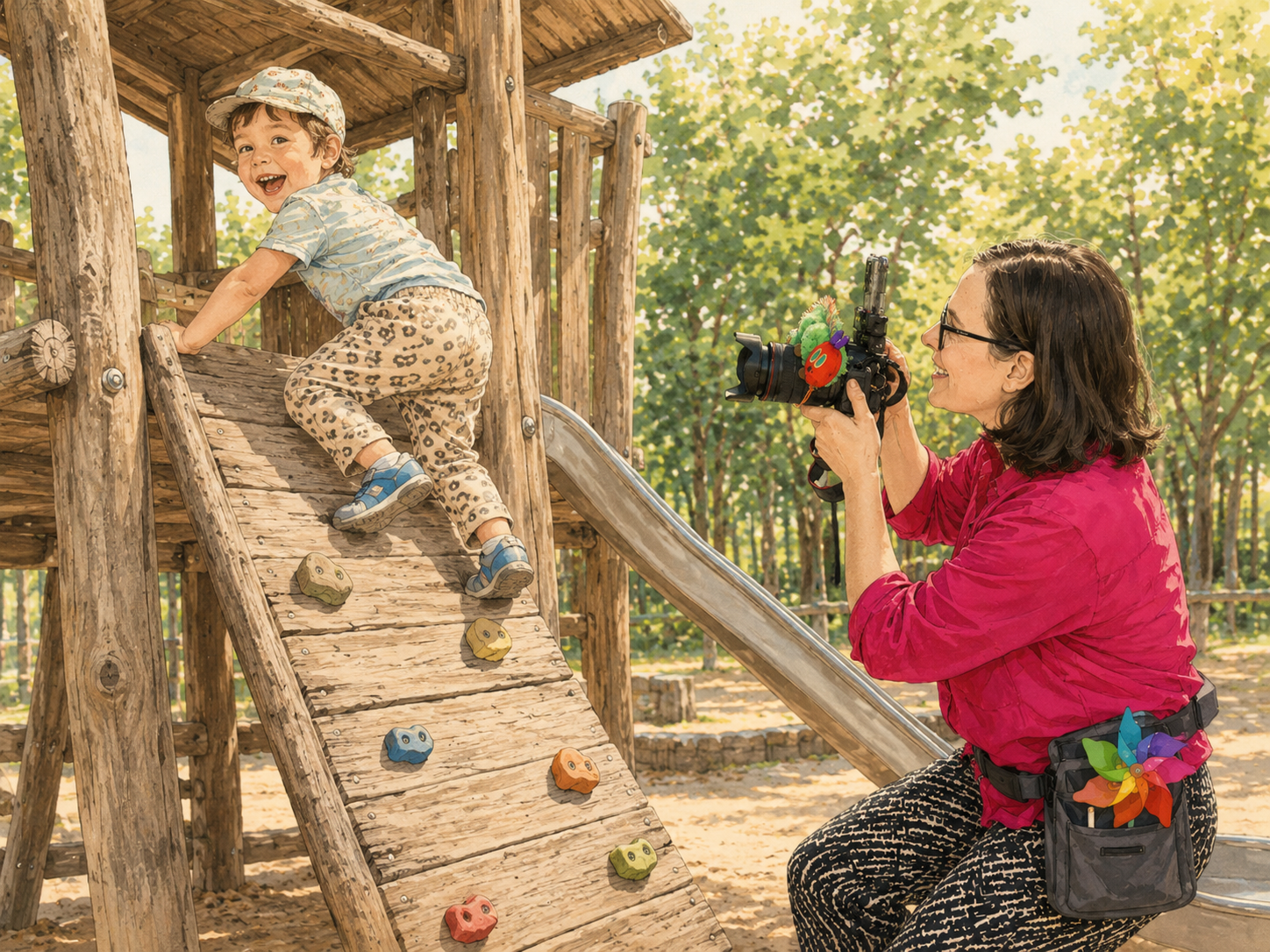 Ein Kind klettert an einer Holz-Kletterwand auf einem Spielplatz, während eine Frau mit einer Kamera Fotos macht, im Freien mit Bäumen im Hintergrund.