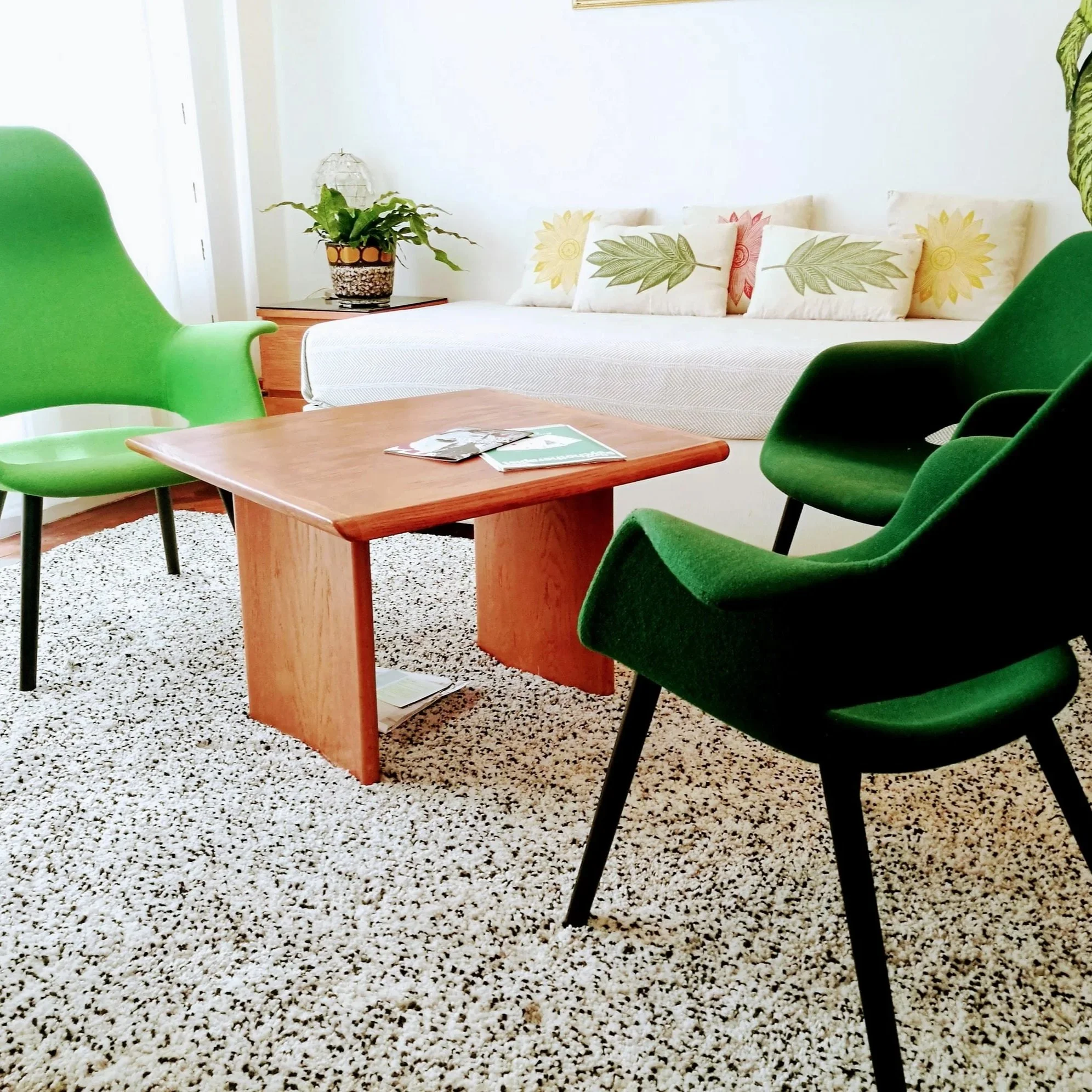 Counselling room with a white wall, green and cream cushions with leaf designs, a wooden coffee table, green chairs, a potted plant on a side table, and a speckled carpet.