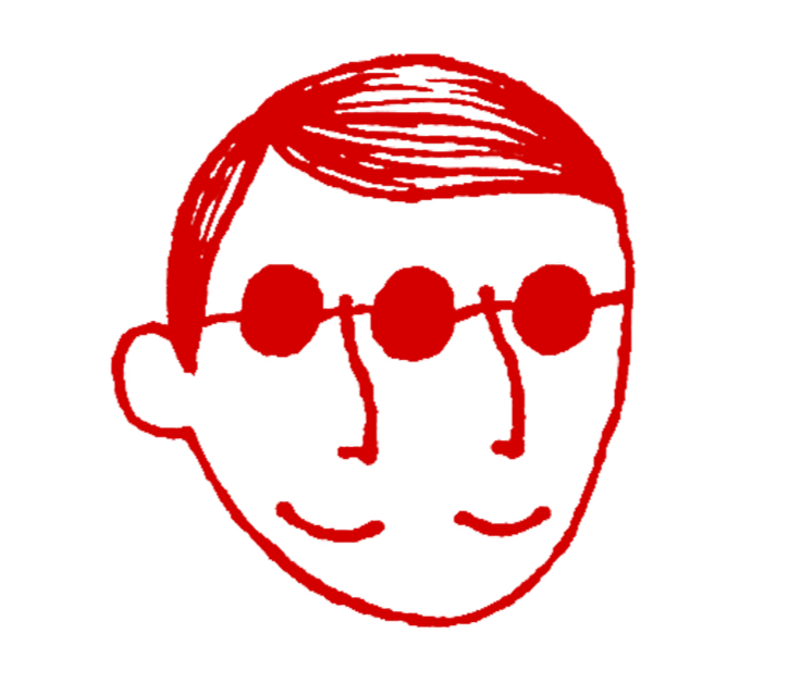 Red line drawing of a person's face with glasses and a hairstyle, smiling
