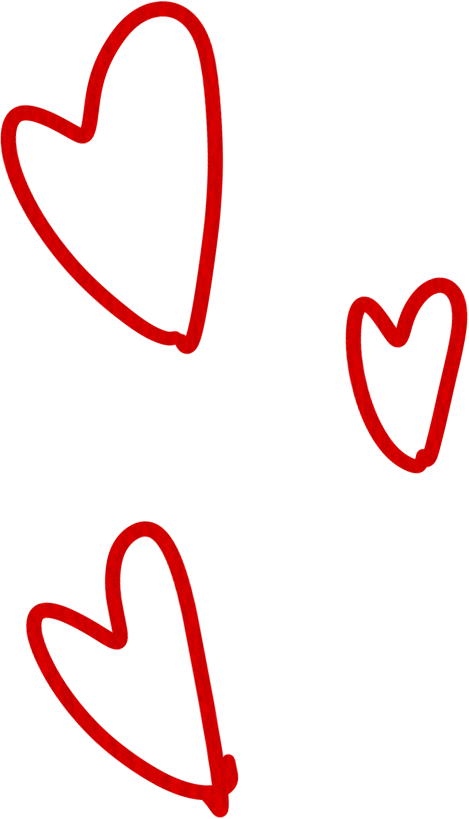 Four red hand-drawn hearts of various sizes on a black background.