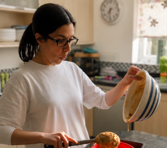 A woman wearing glasses and a white shirt cooking in a kitchen, holding a striped bowl and spooning food onto a red plate.