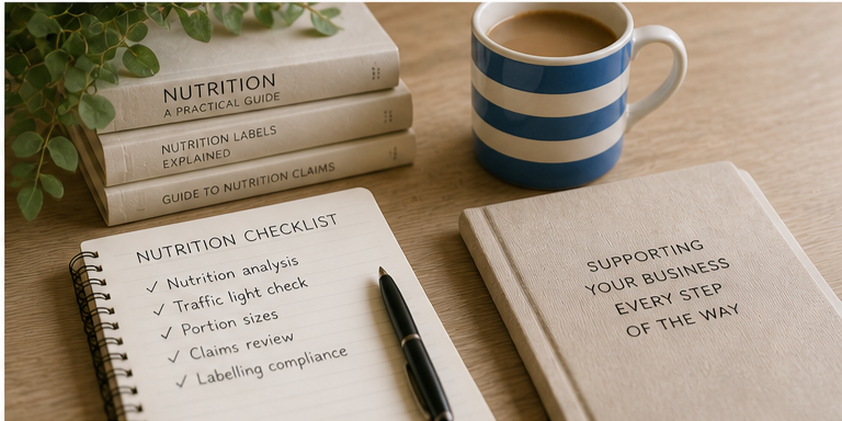 Desk with a stack of four books about nutrition, a cup of coffee, and two notebooks, one labeled 'Nutrition Checklist' and the other 'Supporting Your Business Every Step Of The Way'.