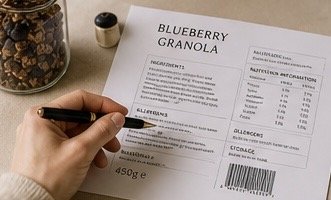 Close-up of a hand holding a pen and writing on a nutrition label for blueberry granola, with a jar of cereal in the background.