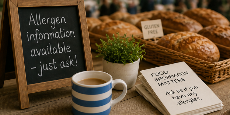 A chalkboard sign reading 'Allergen information available - just ask!', a basket of bread labeled 'Gluten Free', a potted plant, a coffee mug with blue and white stripes, and a stack of papers titled 'Food Information Matters' on a wooden table.