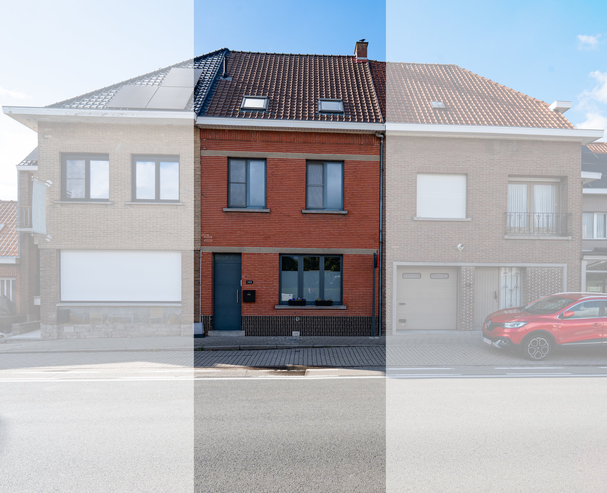 Front view of a modern house with two different colored facades, three windows, and a sloped tiled roof with solar panels on the left side and skylights in the middle and right sections.