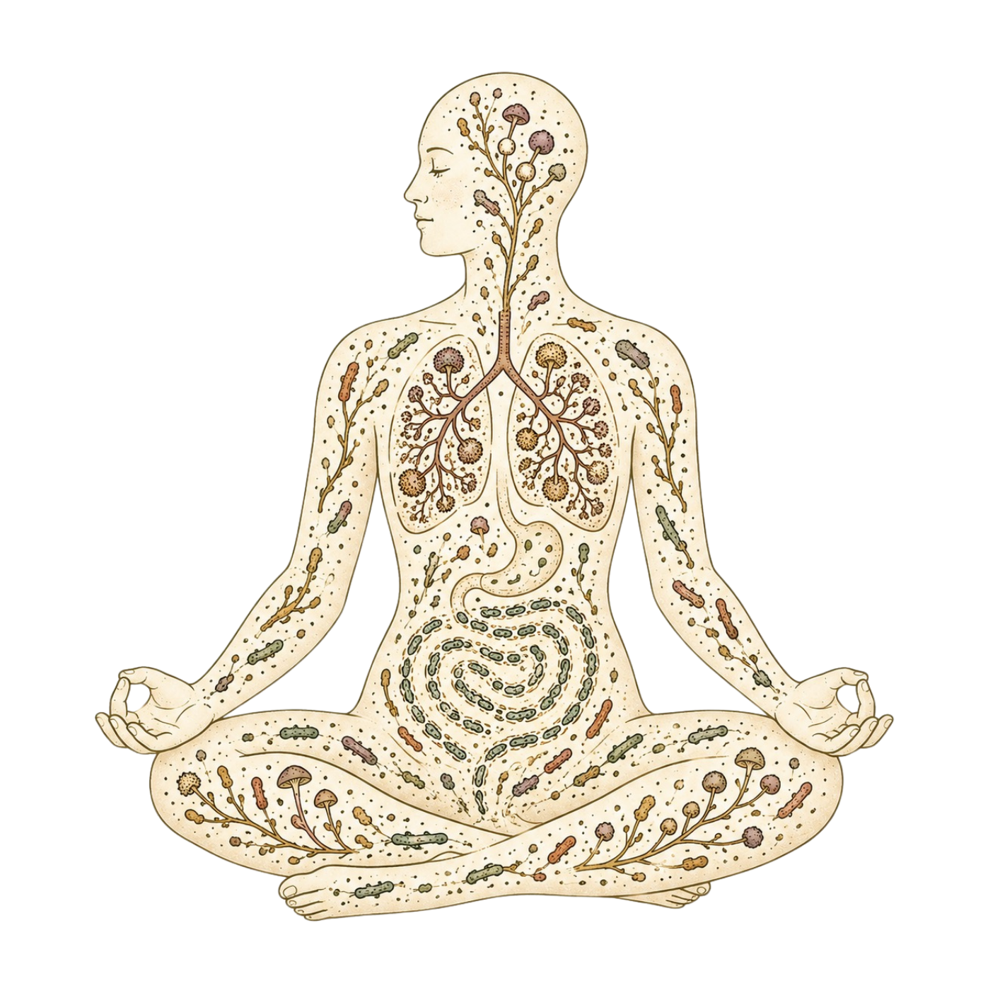 Illustration of a woman practicing meditation in a seated lotus position, with detailed depictions of various germs and bacteria inside her body and around her.