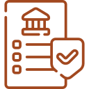 Outline of a government building with a shield featuring a checkmark in front of it