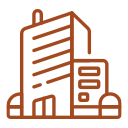 Outline drawing of multi-story buildings and a smaller structure, representing a cityscape.