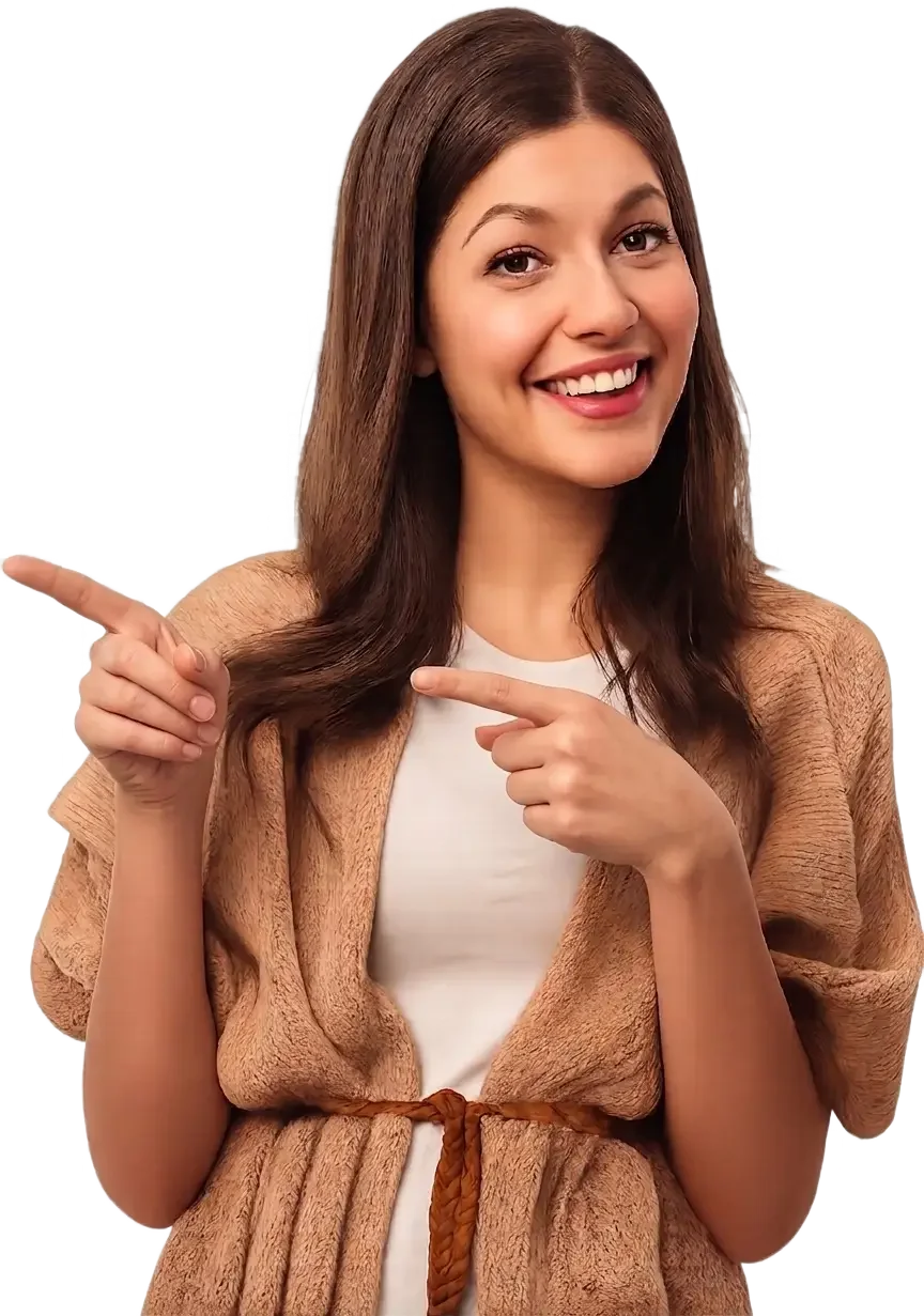 A young woman with long brown hair smiling and pointing to her right.