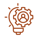 Line drawing of a light bulb with a gear inside and a person's silhouette, symbolizing ideas, innovation, or user-centered design.