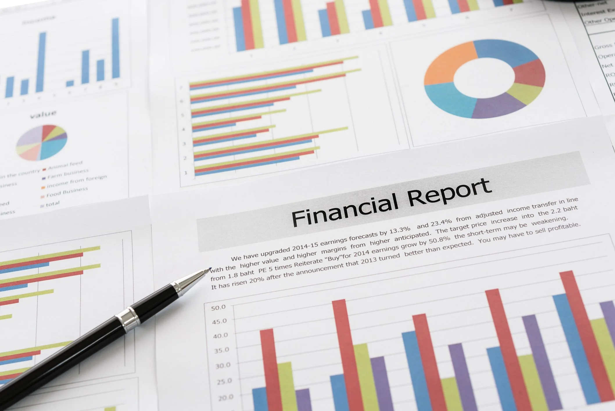 Financial report papers with colorful charts, graphs, and a pen on a desk.