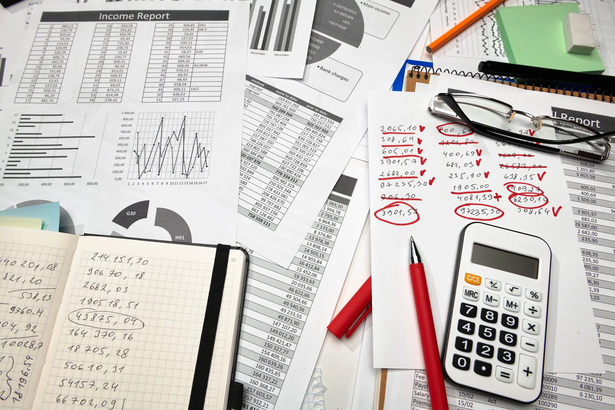 A cluttered desk with financial documents, charts, graphs, handwritten notes, a calculator, a red pen, glasses, and sticky notes.