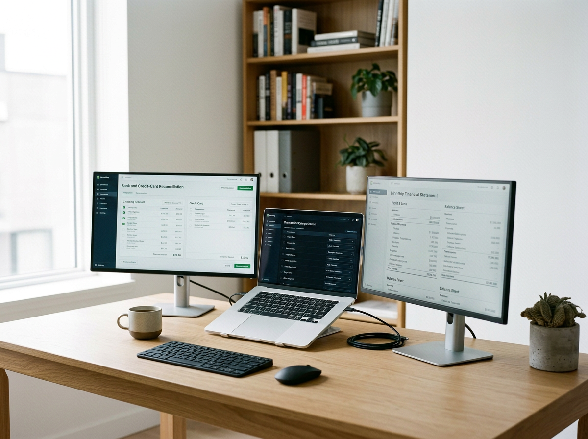 A work desk with a laptop flanked by two monitors displaying financial spreadsheets, a black wireless keyboard, a black wireless mouse, a beige coffee cup, and a small potted plant in a gray pot, with a bookshelf in the background.