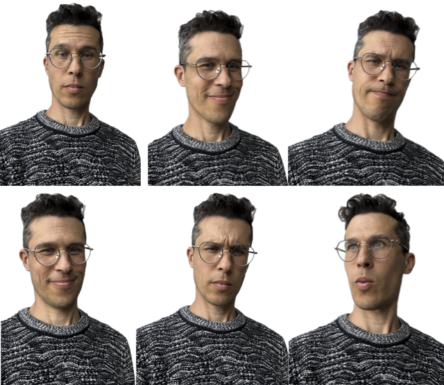 Six different expressions of a man wearing glasses and a patterned sweater, arranged in two rows of three against a white background.