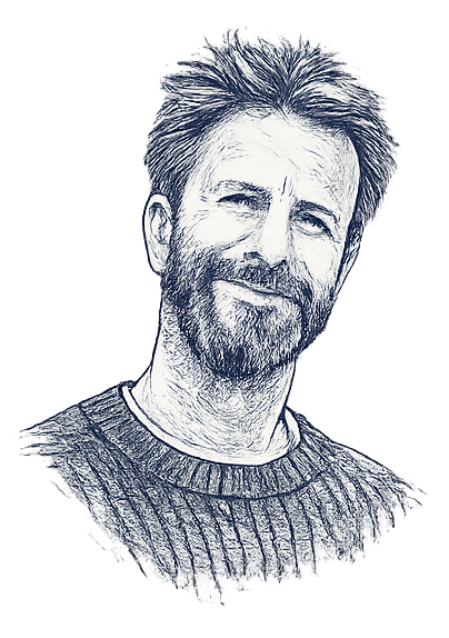 A sketch of a man with medium-length hair and a beard, smiling, wearing a sweater.