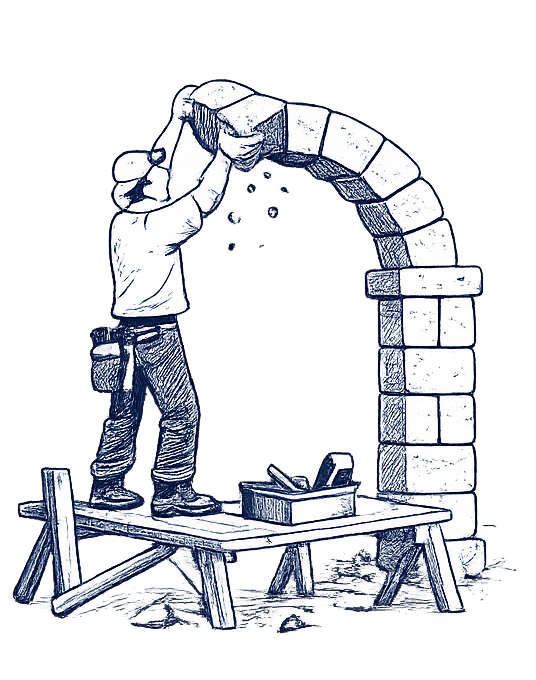 A cartoon-style illustration of a man stacking large bricks to build an arch, standing on a wooden plank with tools nearby.