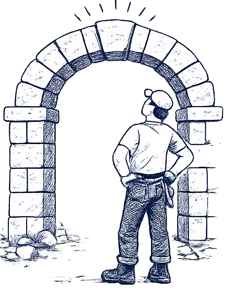 A man stands under a stone archway, looking up with his hands on his hips, in a comic or cartoon style illustration.