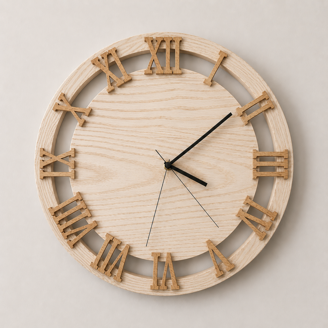 A round wall clock with a wooden frame, Roman numerals, and black hour, minute, and second hands.