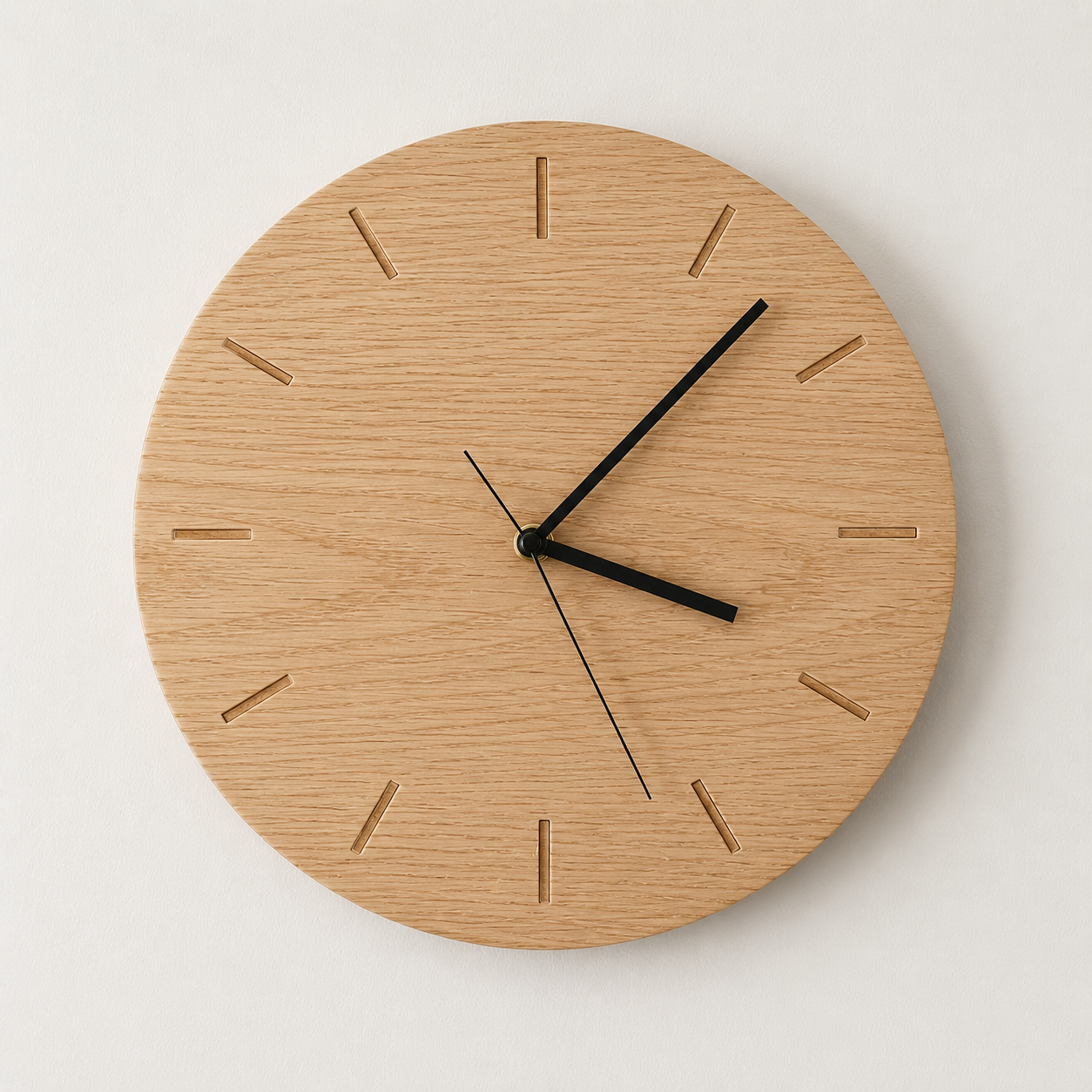 Wooden wall clock with black hour, minute, and second hands, showing the time as 2:09:35, mounted on a light-colored wall.
