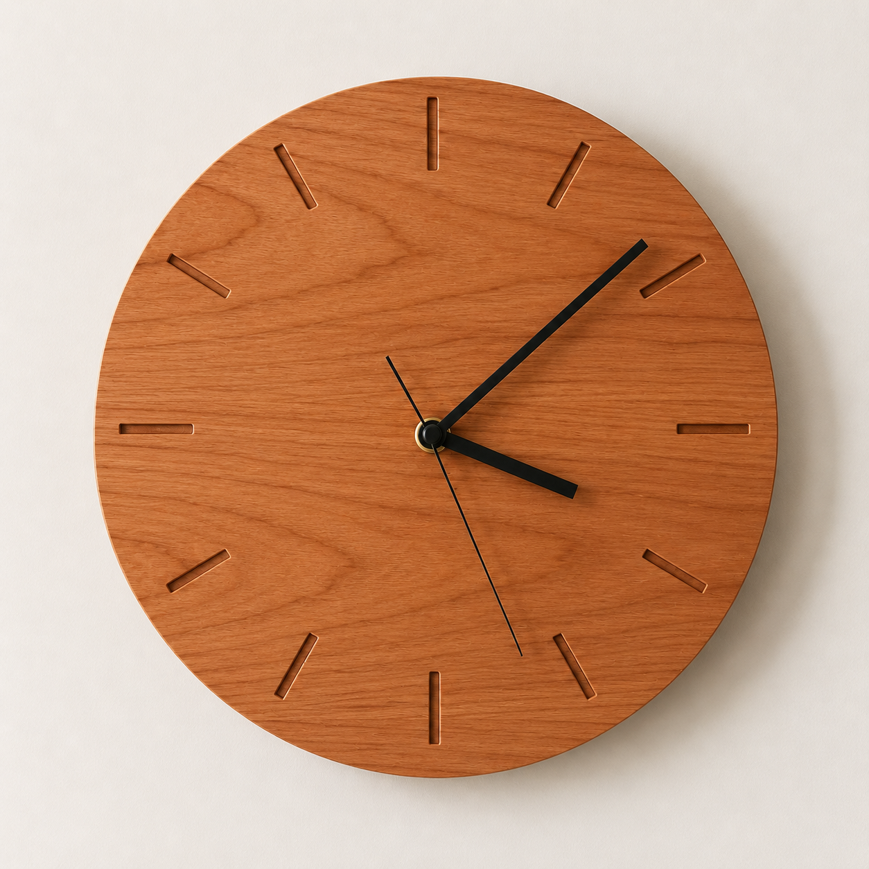 Round wooden wall clock with minimalist design and black hour and minute hands showing the time as 2:08, against a plain light background.