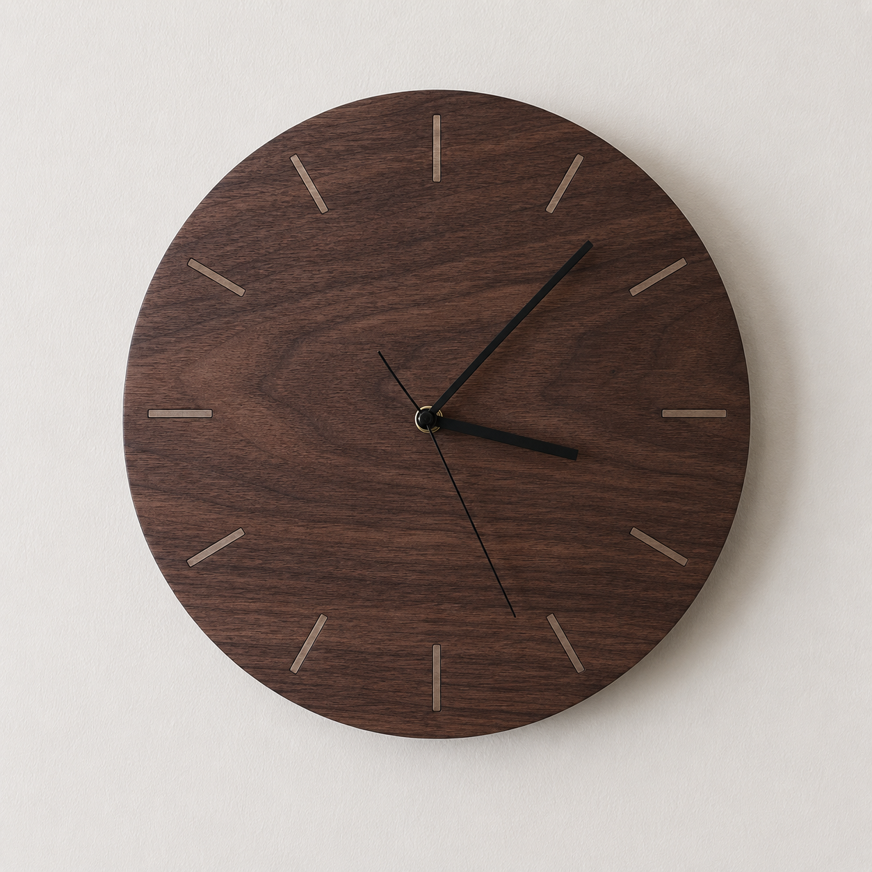Wall clock with a wooden face showing the time at approximately 3:07 and 38 seconds, mounted on a plain white wall.