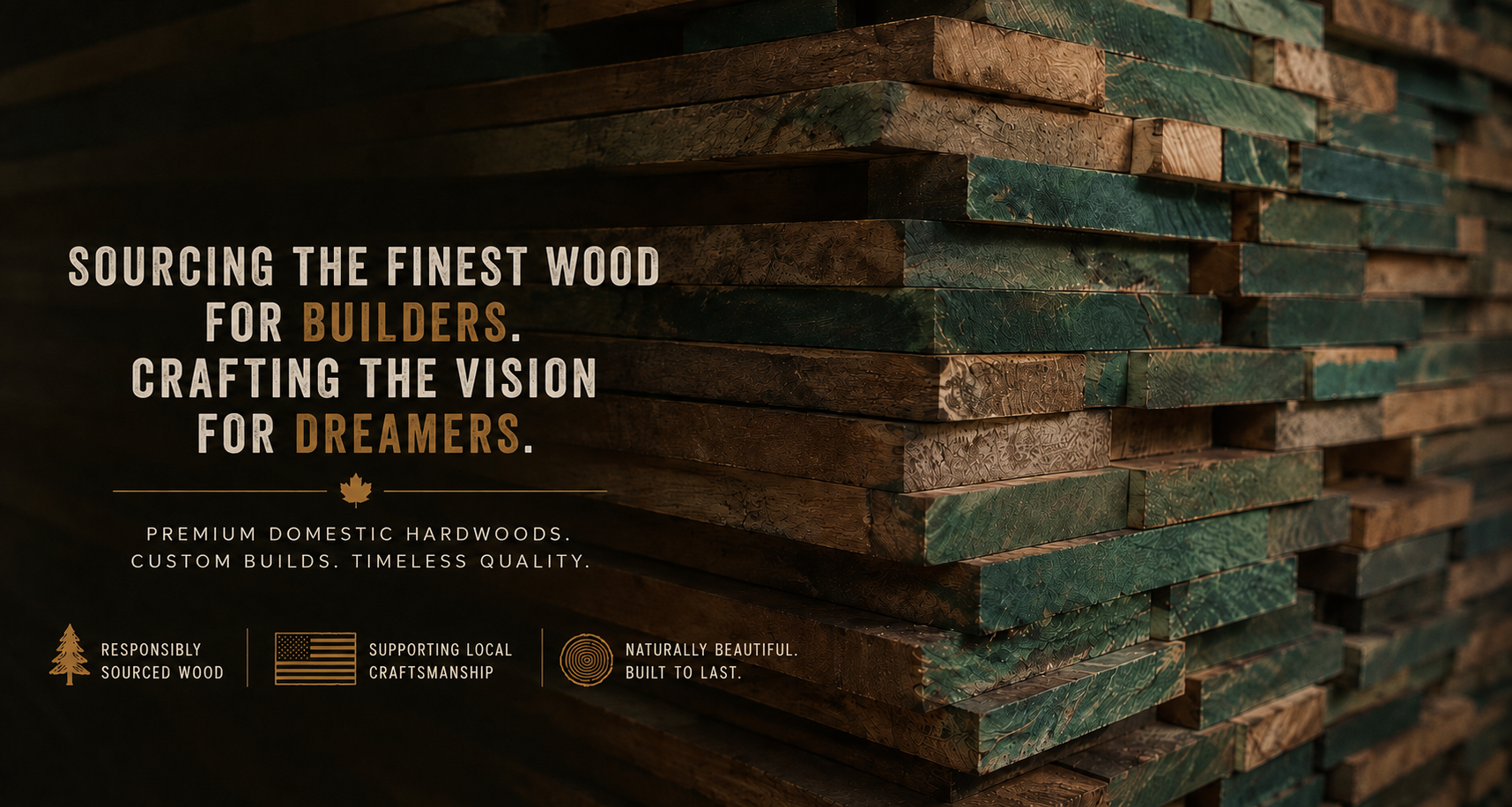 Stacks of wood planks with green and natural wood tones, background for a woodworking or lumber company advertisement.