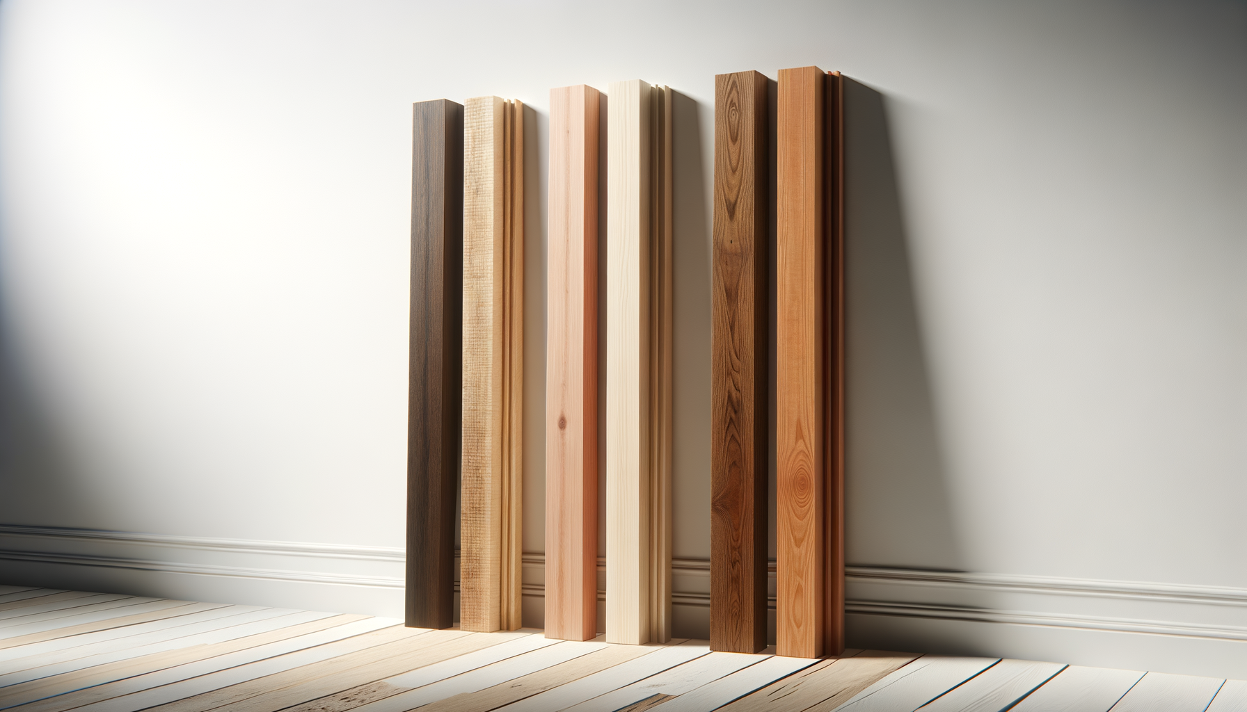 Vertical wooden planks in different shades and grains leaning against a white wall.