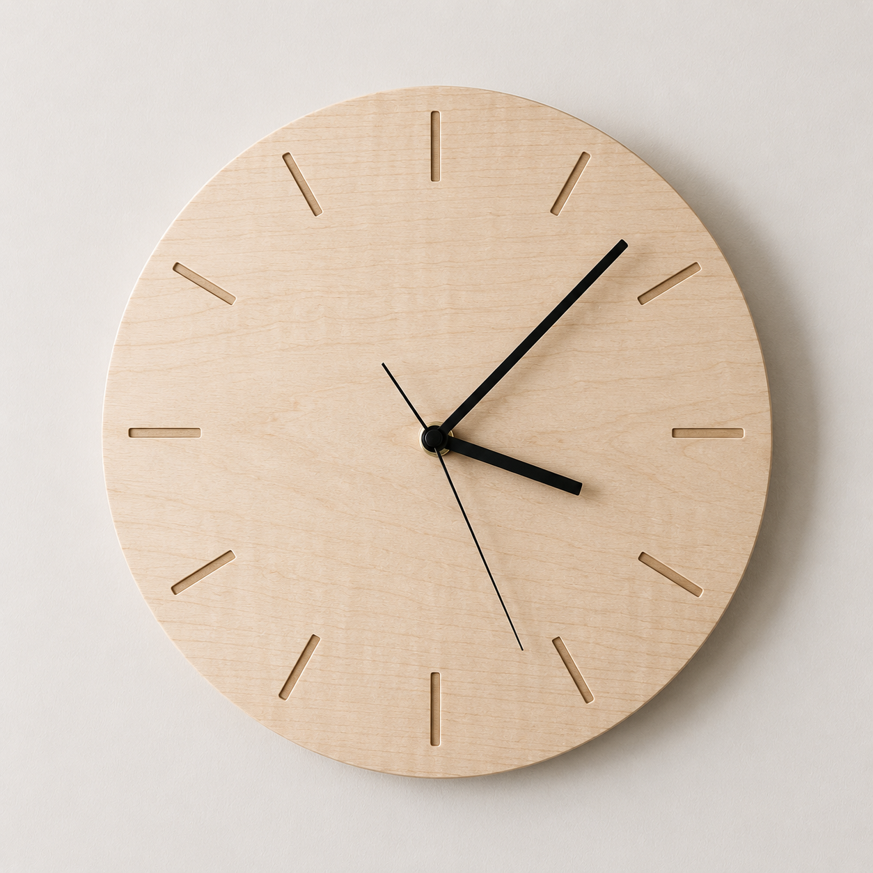 A minimalist round wooden wall clock with black hour, minute, and second hands, showing the time as approximately 3:06.