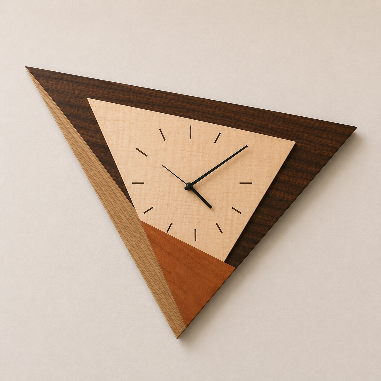 A triangular wall clock with a wooden frame and minimal black hour, minute, and second hands on a beige background.