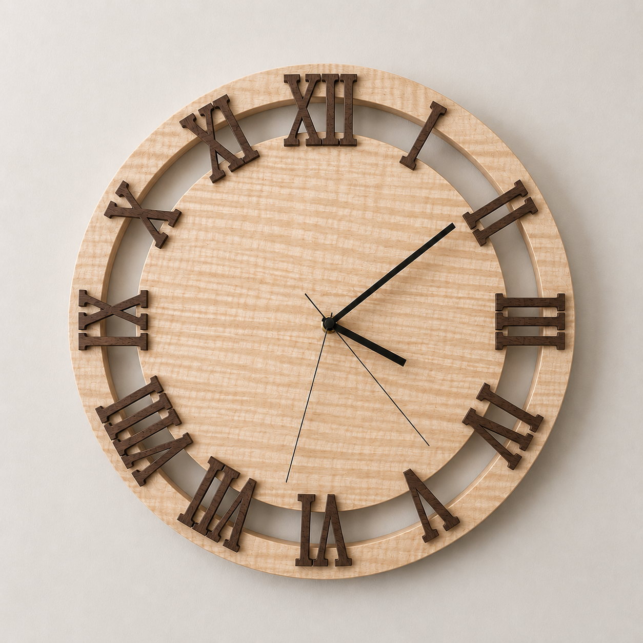 A round wall clock with a wooden face, brown Roman numerals, and black clock hands showing 1:08:46.