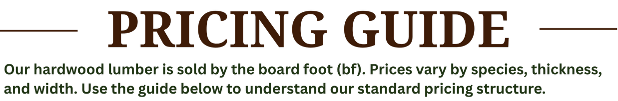 Pricing guide for hardwood lumber, indicating it is sold by board foot, with variations depending on species, thickness, and width.
