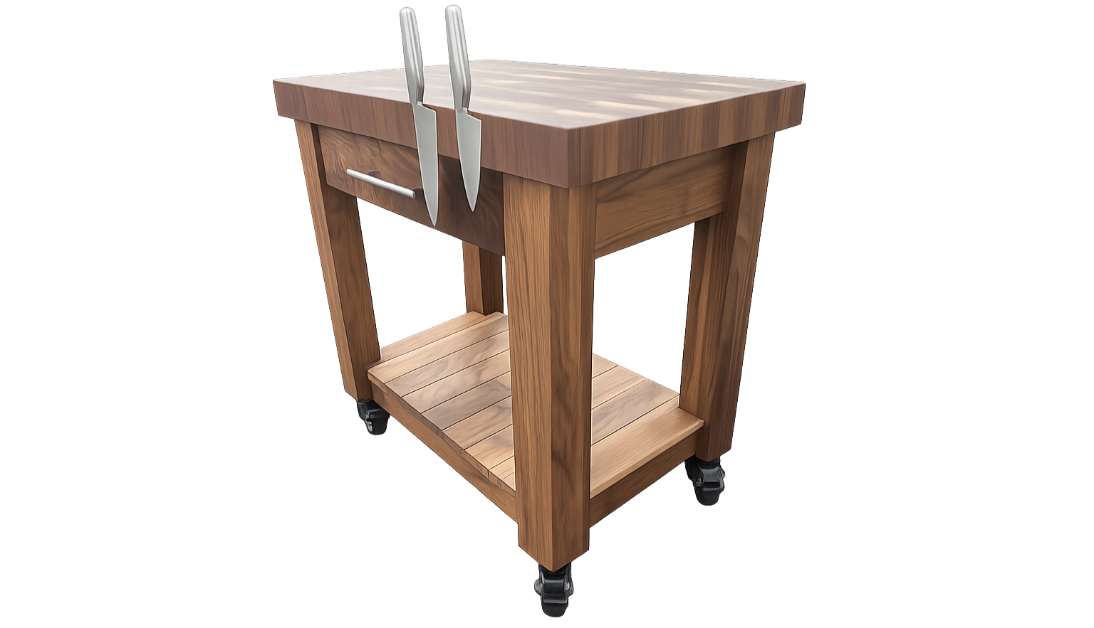 A wooden kitchen island on wheels with a drawer, two knives hanging from the side, and a lower shelf.
