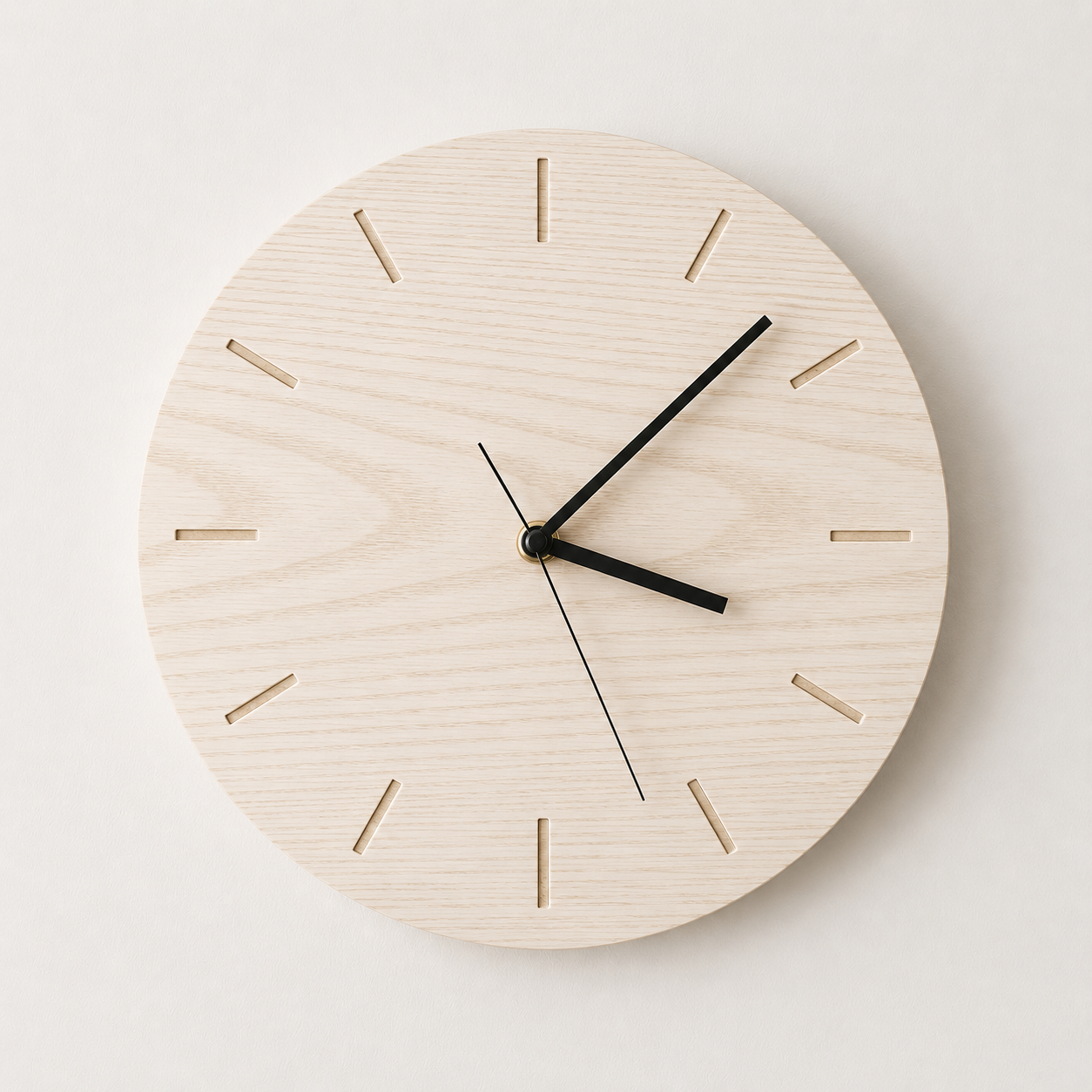 A minimalist round wall clock with a light wood face, black hour and minute hands, and black seconds hand, displaying approximately 3:07.