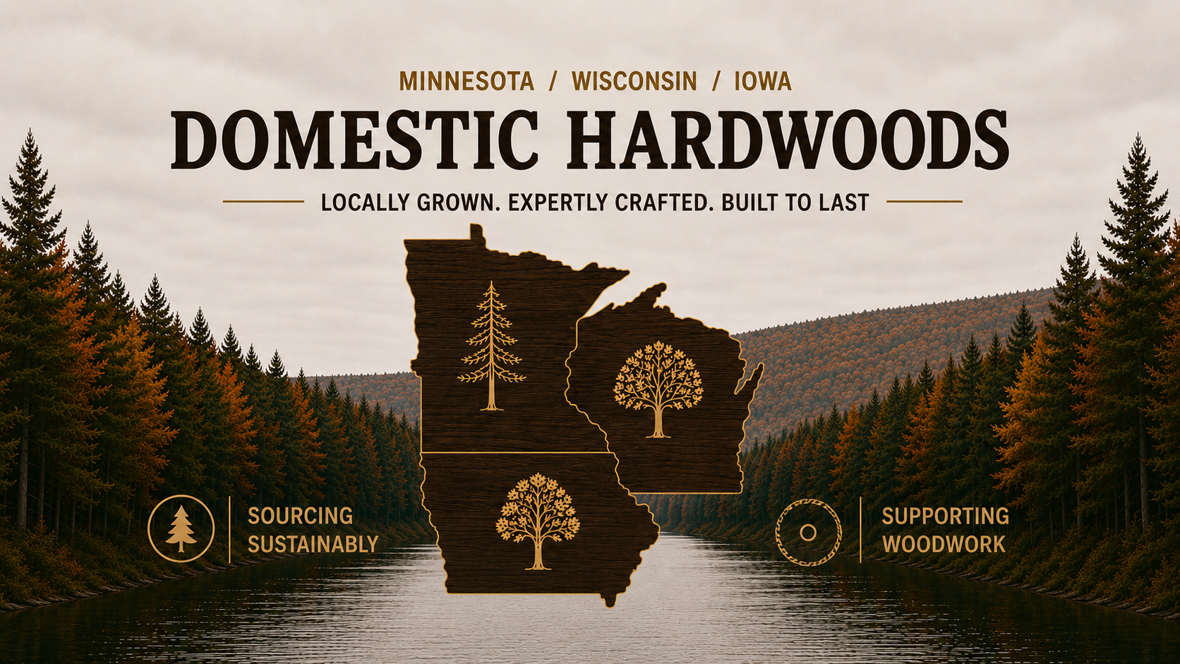 Map of Minnesota, Wisconsin, and Iowa showcasing locally grown, handcrafted domestic hardwoods, emphasizing sustainable sourcing and supporting woodwork, with forest background and river scene.