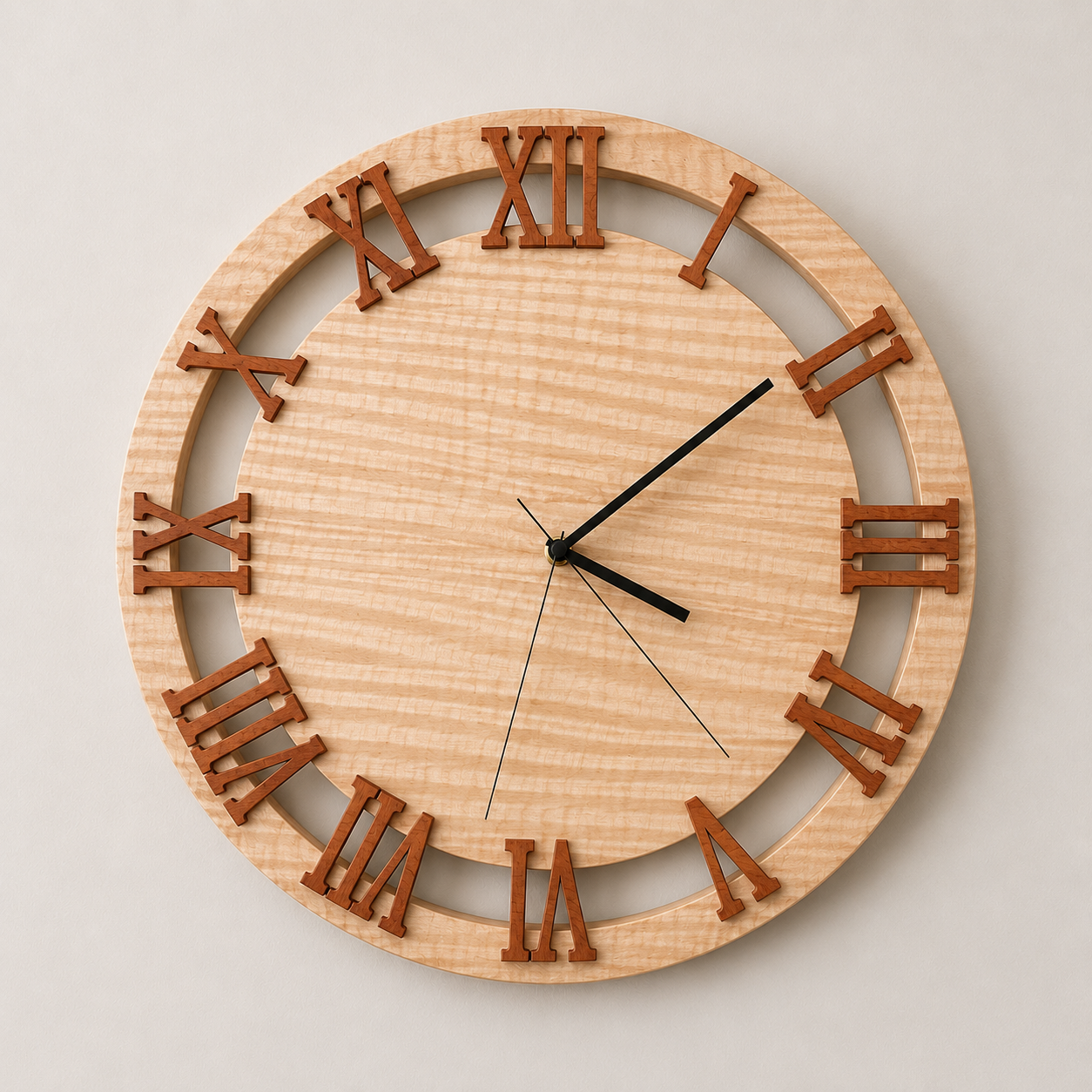 Wooden wall clock with Roman numerals and black clock hands, showing the time as approximately 5:07.